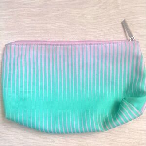 small zip up Clinique preppy green and pink zipper make up cosmetics case pouch